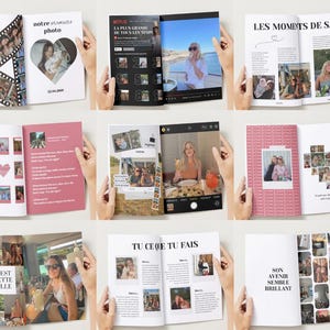May include: A collection of open photo books with various layouts and designs. The books feature photographs, text, and decorative elements. Some books have text in French. The pages are held open by hands, showcasing the content.