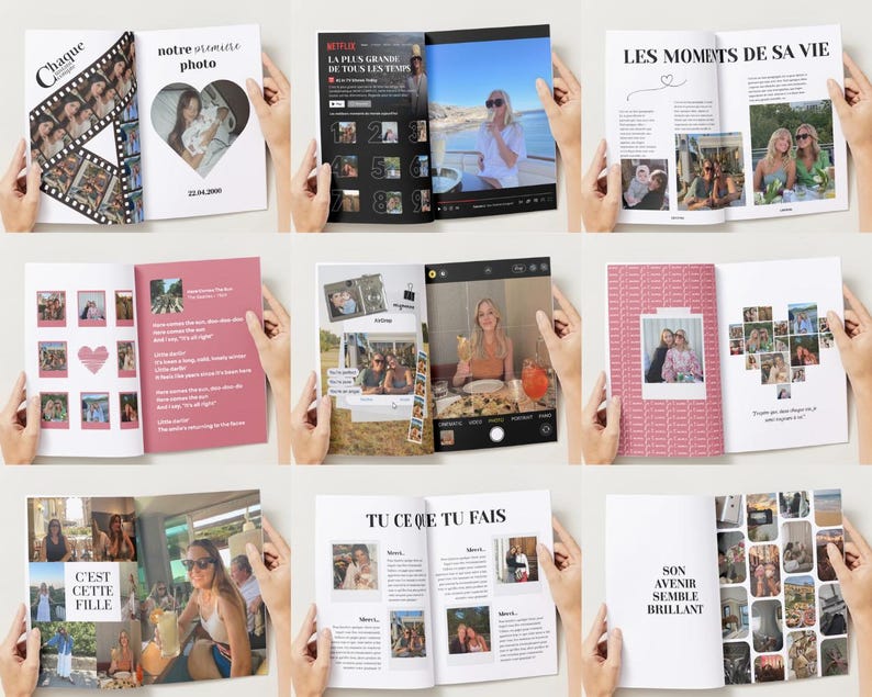 May include: A collection of open photo books with various layouts and designs. The books feature photographs, text, and decorative elements. Some books have text in French. The pages are held open by hands, showcasing the content.