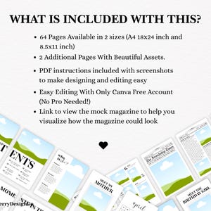 May include: A digital product with magazine templates. The image shows a layout with the text "WHAT IS INCLUDED WITH THIS?" and bullet points detailing the product's features, including page counts and editing instructions. Magazine pages are visible.