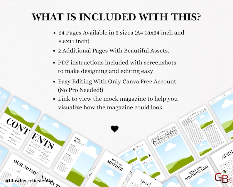 May include: A digital product with magazine templates. The image shows a layout with the text "WHAT IS INCLUDED WITH THIS?" and bullet points detailing the product's features, including page counts and editing instructions. Magazine pages are visible.