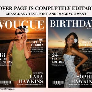 Op de afbeelding: Twee tijdschriftomslagen naast elkaar. De linkeromslag zegt "VOUGE" en toont een vrouw in een groene jurk. De rechteromslag zegt "BIRTHDAY" en toont een vrouw in een witte jurk. Tekst bevat "The Hottest It Girl!" en "Cover Page is Completely Editable".