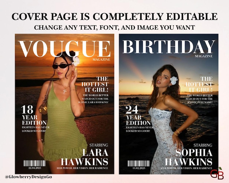 Op de afbeelding: Twee tijdschriftomslagen naast elkaar. De linkeromslag zegt "VOUGE" en toont een vrouw in een groene jurk. De rechteromslag zegt "BIRTHDAY" en toont een vrouw in een witte jurk. Tekst bevat "The Hottest It Girl!" en "Cover Page is Completely Editable".