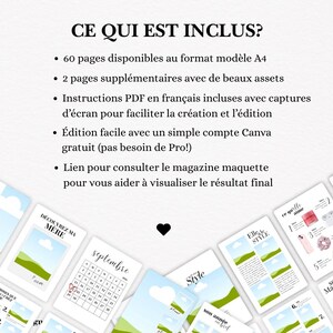 May include: A digital magazine template with the text "CE QUI EST INCLUS?" and bullet points listing features. The template includes 60 A4 pages, additional assets, and instructions in French. Several magazine layout examples are displayed.
