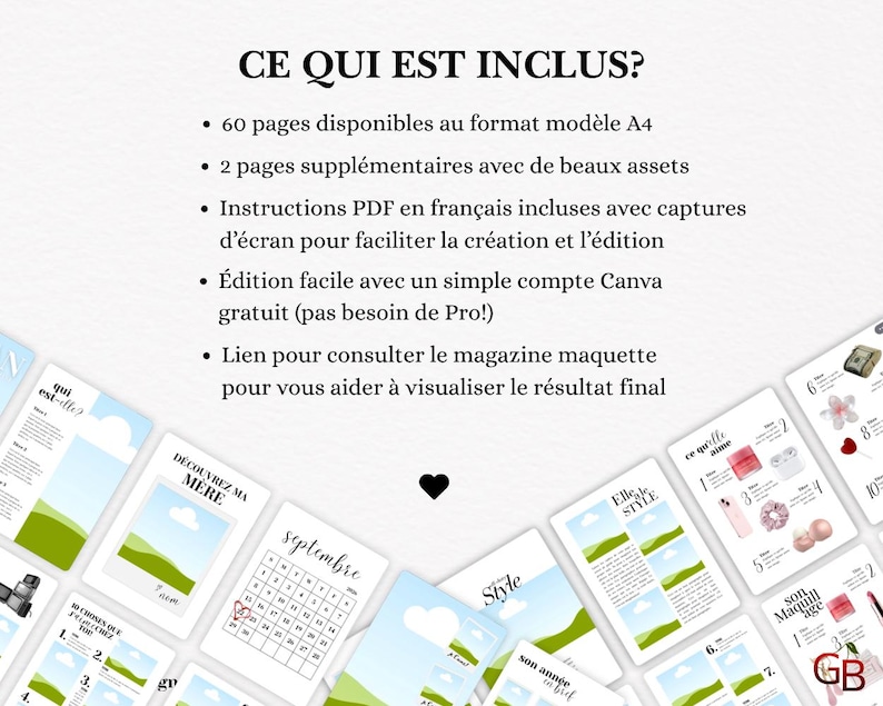 May include: A digital magazine template with the text "CE QUI EST INCLUS?" and bullet points listing features. The template includes 60 A4 pages, additional assets, and instructions in French. Several magazine layout examples are displayed.