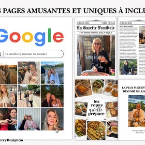 May include: A digital scrapbook page design with the Google logo and a search bar reading "La meilleure maman du monde." Includes photos and newspaper-style layouts with French text. The design features a variety of images and text.
