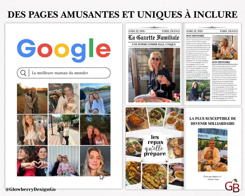 May include: A digital scrapbook page design with the Google logo and a search bar reading "La meilleure maman du monde." Includes photos and newspaper-style layouts with French text. The design features a variety of images and text.