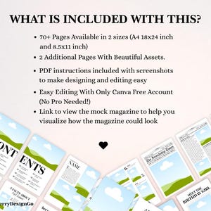 Op de afbeelding: Lay-out van magazinepagina's met de tekst 'WAT IS HIERBIJ INBEGREPEN?' en opsommingstekens met details over de inhoud. De pagina's hebben een lichtblauw en groen ontwerp, met de woorden 'CONTENTS' en 'NAME' zichtbaar. De afbeelding bevat de tekst '@GlowberryDesignGo'.