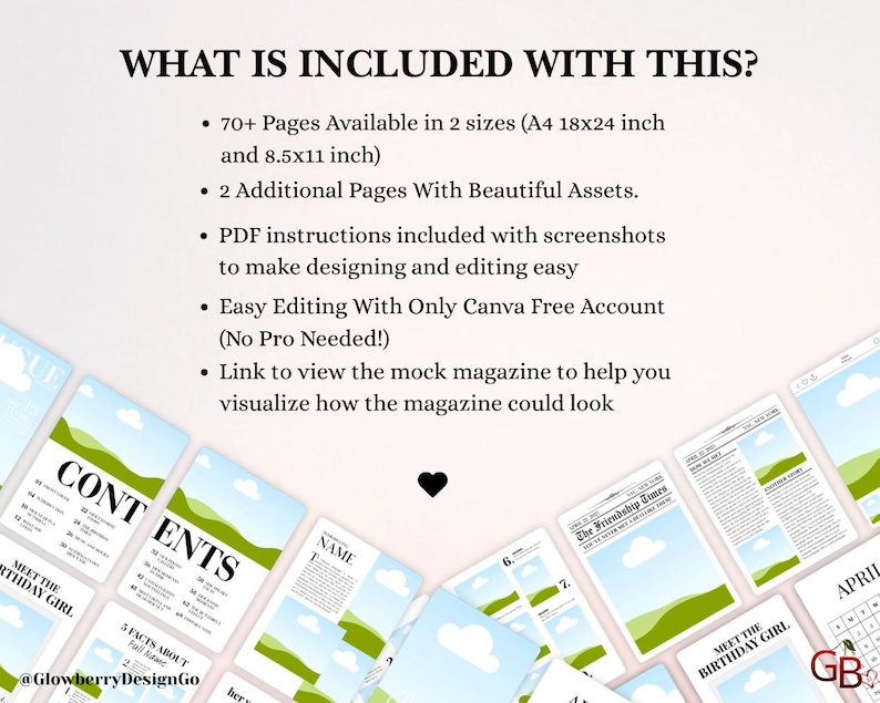 Op de afbeelding: Lay-out van magazinepagina's met de tekst 'WAT IS HIERBIJ INBEGREPEN?' en opsommingstekens met details over de inhoud. De pagina's hebben een lichtblauw en groen ontwerp, met de woorden 'CONTENTS' en 'NAME' zichtbaar. De afbeelding bevat de tekst '@GlowberryDesignGo'.