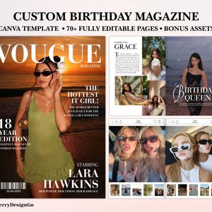 Op de afbeelding: Digitale sjabloon voor een aangepast verjaardagsmagazine. De cover toont een vrouw in een groene jurk, zonnebril en de tekst "Vogue Magazine". Extra pagina's tonen foto's en de tekst "Birthday Queen".