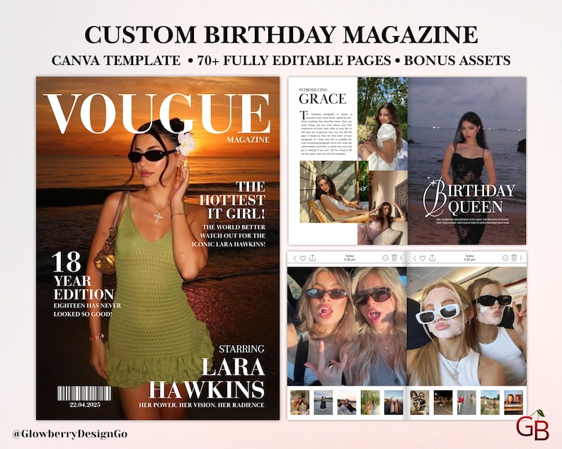 Op de afbeelding: Digitale sjabloon voor een aangepast verjaardagsmagazine. De cover toont een vrouw in een groene jurk, zonnebril en de tekst "Vogue Magazine". Extra pagina's tonen foto's en de tekst "Birthday Queen".
