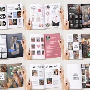 May include: A collection of open magazines with various layouts. The pages feature text and images related to movies, makeup, and personal experiences. The magazines are held open by hands, showcasing the content.