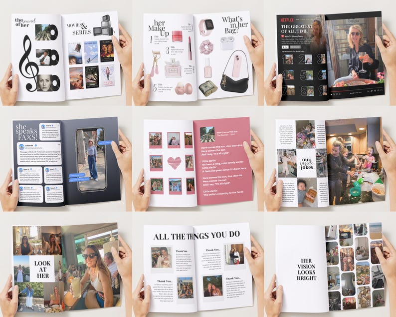 May include: A collection of open magazines with various layouts. The pages feature text and images related to movies, makeup, and personal experiences. The magazines are held open by hands, showcasing the content.