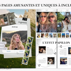 Puede incluir: Dise&ntilde;o de &aacute;lbum de recortes digital con el texto "DES PAGES AMUSANTES ET UNIQUES &Agrave; INCLURE". El dise&ntilde;o incluye fotos, un gr&aacute;fico de c&aacute;mara y el texto "AirDrop", "mignonne" y "L'EFFET PAPILLON". Tambi&eacute;n incluye el texto "You're perfect", "You're pure" y "You're an angel".