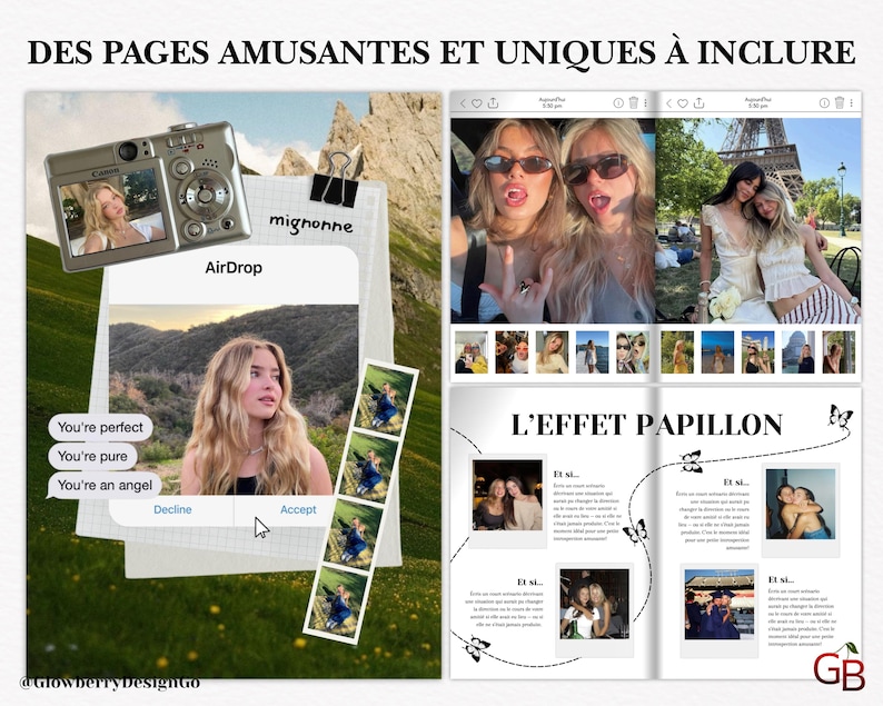 Puede incluir: Dise&ntilde;o de &aacute;lbum de recortes digital con el texto "DES PAGES AMUSANTES ET UNIQUES &Agrave; INCLURE". El dise&ntilde;o incluye fotos, un gr&aacute;fico de c&aacute;mara y el texto "AirDrop", "mignonne" y "L'EFFET PAPILLON". Tambi&eacute;n incluye el texto "You're perfect", "You're pure" y "You're an angel".