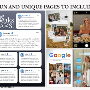 May include: A digital scrapbook page design with the text "FUN AND UNIQUE PAGES TO INCLUDE." The design includes Twitter-style posts, photos, and the Google search bar. The phrase "she speaks FAXS!" is also visible.