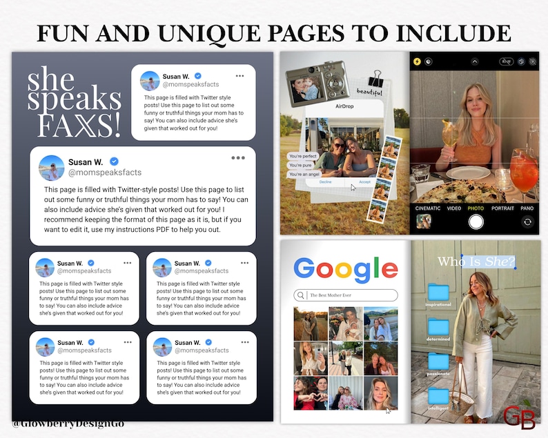 May include: A digital scrapbook page design with the text "FUN AND UNIQUE PAGES TO INCLUDE." The design includes Twitter-style posts, photos, and the Google search bar. The phrase "she speaks FAXS!" is also visible.