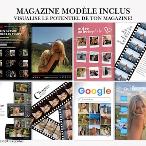 Puede incluir: Un collage digital que muestra ejemplos de dise&ntilde;o de revistas. El dise&ntilde;o incluye maquetas de Netflix, galer&iacute;as de fotos, tiras de pel&iacute;cula e interfaces de b&uacute;squeda de Google. Los dise&ntilde;os presentan im&aacute;genes de una mujer rubia y texto en franc&eacute;s.