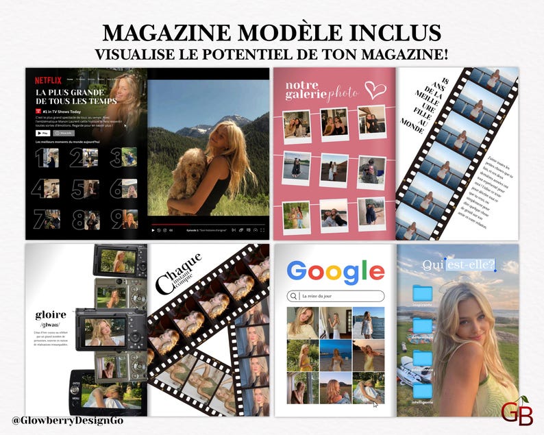 Puede incluir: Un collage digital que muestra ejemplos de dise&ntilde;o de revistas. El dise&ntilde;o incluye maquetas de Netflix, galer&iacute;as de fotos, tiras de pel&iacute;cula e interfaces de b&uacute;squeda de Google. Los dise&ntilde;os presentan im&aacute;genes de una mujer rubia y texto en franc&eacute;s.