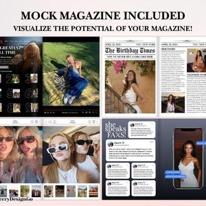 Op de afbeelding: Een magazine-mockup met verschillende pagina's, waaronder een Netflix-cover, een krantenindeling en social media-mockups. De tekst "MOCK MAGAZINE INCLUDED" en "VISUALIZE THE POTENTIAL OF YOUR MAGAZINE!" worden weergegeven. De lay-out bevat afbeeldingen van een vrouw.