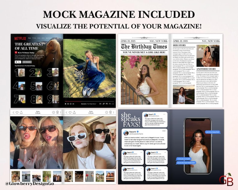 Op de afbeelding: Een magazine-mockup met verschillende pagina's, waaronder een Netflix-cover, een krantenindeling en social media-mockups. De tekst "MOCK MAGAZINE INCLUDED" en "VISUALIZE THE POTENTIAL OF YOUR MAGAZINE!" worden weergegeven. De lay-out bevat afbeeldingen van een vrouw.