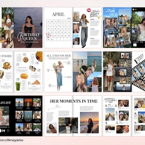 Op de afbeelding: Een magazine-achtige lay-out met verschillende pagina's. De pagina's bevatten een kalender, voedselfoto's en foto's van een vrouw. Tekst bevat "Birthday Queen", "Her Playlist" en "10 dingen die ik leuk vind aan jou."