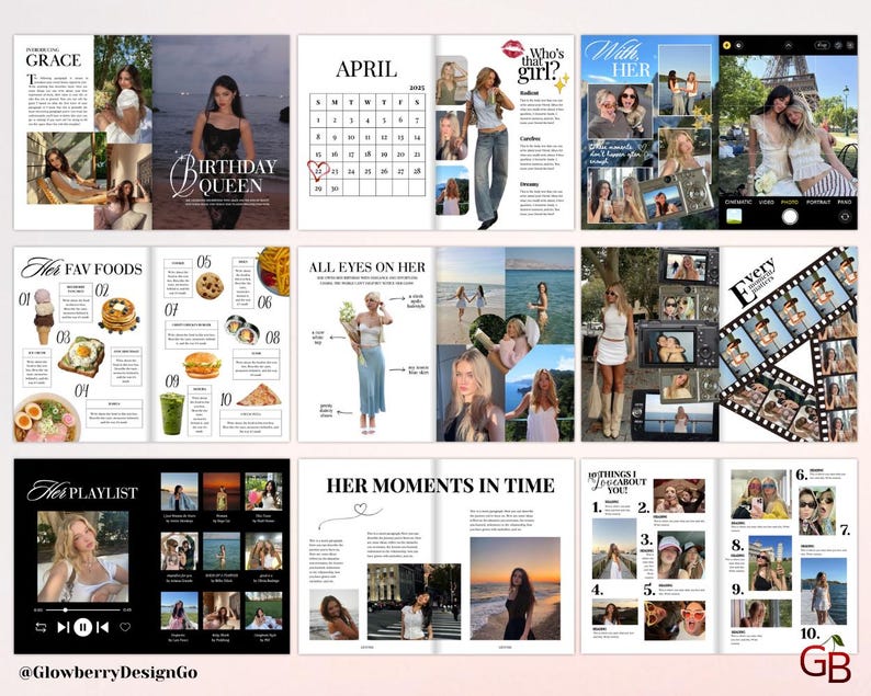 Op de afbeelding: Een magazine-achtige lay-out met verschillende pagina's. De pagina's bevatten een kalender, voedselfoto's en foto's van een vrouw. Tekst bevat "Birthday Queen", "Her Playlist" en "10 dingen die ik leuk vind aan jou."