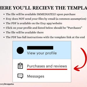 Op de afbeelding: Een afbeelding met tekst die uitlegt hoe u een sjabloon na aankoop kunt vinden. De tekst bevat instructies over waar u het bestand kunt vinden op de Etsy-app/website en hoe u uw profiel kunt bekijken om "Aankopen en beoordelingen" te vinden. Een rode pijl wijst naar de optie "Aankopen en beoordelingen".