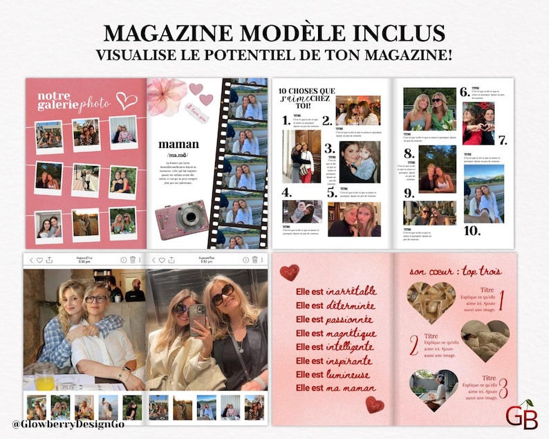 May include: A magazine layout with pink and white pages, featuring photos, text, and a pink camera. The text includes "Magazine Mod&egrave;le Inclus" and "Visualise le potentiel de ton magazine!" with the words "maman" and "10 choses que j'aime chez toi!"
