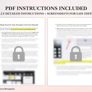 Op de afbeelding: Twee witte pagina's met tekst en een grijze hangslotafbeelding. De tekst bovenaan luidt "PDF INSTRUCTIONS INCLUDED" en "FULLY DETAILED INSTRUCTIONS + SCREENSHOTS FOR EASY EDITING". De tekst op de linkerpagina zegt "Thank You For Your Purchase! Let's Get Started!" en "PLEASE READ INSTRUCTIONS BEFORE EDITING".