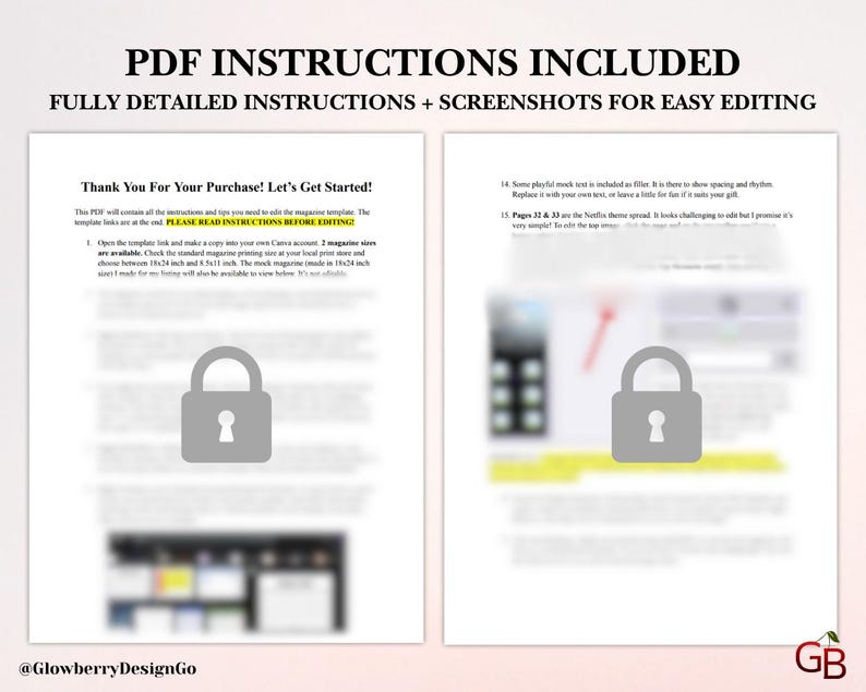Op de afbeelding: Twee witte pagina's met tekst en een grijze hangslotafbeelding. De tekst bovenaan luidt "PDF INSTRUCTIONS INCLUDED" en "FULLY DETAILED INSTRUCTIONS + SCREENSHOTS FOR EASY EDITING". De tekst op de linkerpagina zegt "Thank You For Your Purchase! Let's Get Started!" en "PLEASE READ INSTRUCTIONS BEFORE EDITING".