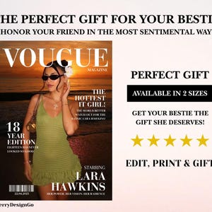 Op de afbeelding: Een magazine cover met een vrouw in een groene jurk en zonnebril. Het tijdschrift heet "VOUGE" en bevat de tekst "THE HOTTEST IT GIRL!" en "18 YEAR EDITION". De tekst "THE PERFECT GIFT FOR YOUR BESTIE" staat bovenaan.