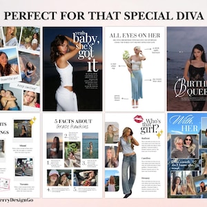 Op de afbeelding: Een digitale collage met de tekst "PERFECT FOR THAT SPECIAL DIVA" en meerdere afbeeldingen van vrouwen. De collage bevat tekst zoals "baby, she's got it", "ALL EYES ON HER" en "BIRTHDAY QUEEN". Andere tekst is "catch FLIGHTS not FEELINGS".