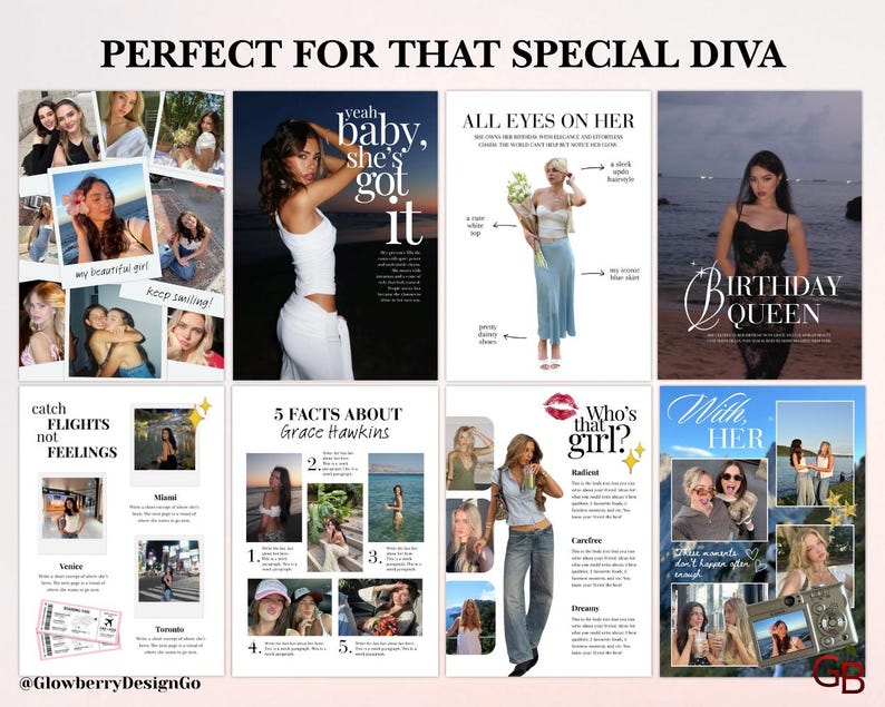 Op de afbeelding: Een digitale collage met de tekst "PERFECT FOR THAT SPECIAL DIVA" en meerdere afbeeldingen van vrouwen. De collage bevat tekst zoals "baby, she's got it", "ALL EYES ON HER" en "BIRTHDAY QUEEN". Andere tekst is "catch FLIGHTS not FEELINGS".