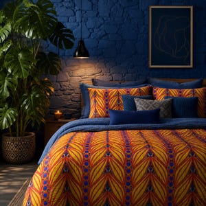 May include: A bedding set featuring a quilt and pillow shams with a vibrant yellow, orange, and blue geometric leaf pattern. The set includes solid navy blue accent pillows and a textured gray pillow, all arranged on a bed with a blue quilt.