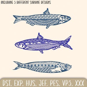 Sardinen Bündel Stickdatei, drei Sardinen Fische, Maschinenstickdatei, Sommer Strand Vibes Stickdatei, Fischstickerei