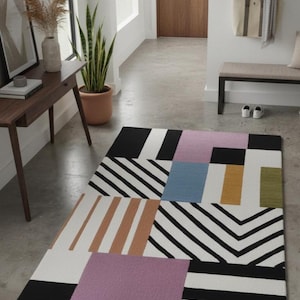 Modern Geometric Hand-Tufted Wool Rug – Colorful Abstract Pattern Area Carpet for Living Room & Bedroom