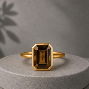 Unique Smoky Quartz Ring, 14k Yellow Solid Gold Ring, Emerald Cut Engagement Ring, Promise Ring, Bezel Set Anniversary Ring, Gift For Her