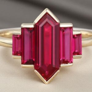 Unique Long Hexagon Shaped Ruby Engagement Ring, Cluster Diamond Baguette Cut Bezel Set Ring, July Birthstone Jewelry, Weeding Gift For Her