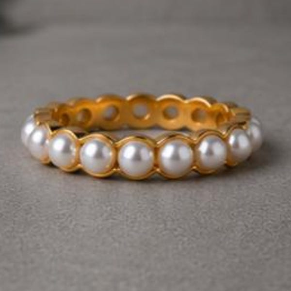 Freshwater Pearl Eternity Band, Gold Pearl Ring for Women, Stackable Wedding Band, Minimalist Bridal Ring, Elegant Birthday Gift for Her