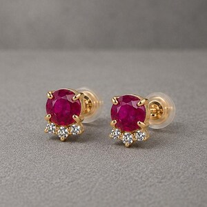 Ruby Stud Earrings, Red Gemstone Gold Earrings, Round Ruby Earrings, Vintage Inspired  Wedding Jewelry, Gift for Her, Birthstone Earrings