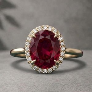 Oval Cut Ruby Engagement Ring, 14K Solid Gold Diamond Halo Ruby Ring, Classic Vintage Inspired Red Gemstone Ring, Personalized Ring For Her