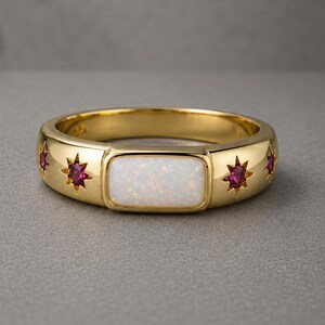 Solid Gold Opal Ring with Ruby Stars, Celestial Wedding Band, Minimalist Anniversary Ring, Unique Promise Ring for Women, Stackable Ring