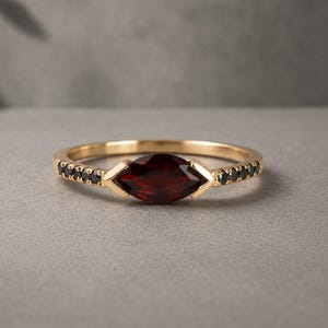 Ferkos Fine Jewelry Ruby Ring / 14k Gold Marquise Shape Natural Ruby Ring / Horizontal Set Marquise Genuine Ruby Ring / July Birthstone