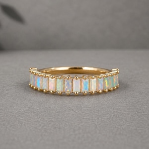 Baguette Fire Opal Eternity Ring, 14K Gold Opal Wedding Band, Minimalist Stacking Ring, Opal Anniversary Gift for Her, Unique Promise Ring