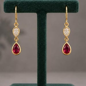 Ruby Teardrop Dangle Earrings, Gold Floral Gemstone Earrings, Simulated Ruby Jewelry, Elegant Bridal Earrings, Gift For Her, Wedding Earring