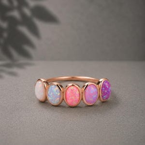 Five Stone Opal Ring, Rose Gold Opal Band, Minimalist Opal Ring, Rainbow Opal Wedding Band, Dainty Stackable Ring, Anniversary Gift For Her