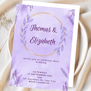 Lavender Floral Wedding Invitation Template: Elegant Boho Gold Circle Design (Printable PDF Canva Invite)
