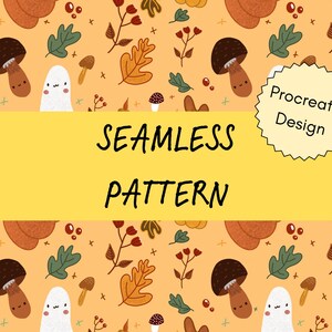 Può includere: Design a motivo senza cuciture con elementi autunnali come funghi, foglie, bacche e zucche in colori caldi. Il design include il testo "SEAMLESS PATTERN" e "Procreate Design" su sfondo giallo. Ideale per progetti a tema autunnale.