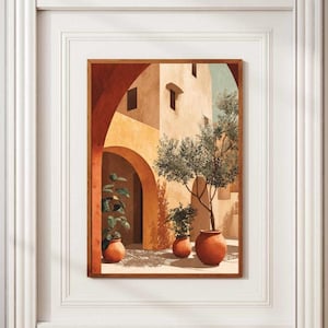 Mediterranean Architecture Wall Art, Terracotta Arch House Printable, Olive Tree Neutral Decor, Spanish Italian Style Poster