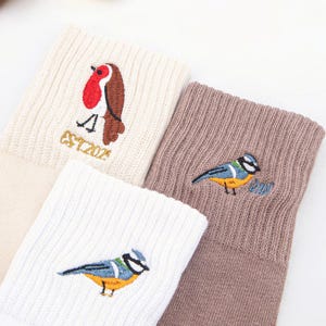 Custom Embroidered Bird Socks with Name, Personalized Socks with Blue Tit, Robin or Your Design, Unique Christmas Gift (8 Colors + 2 Sizes)